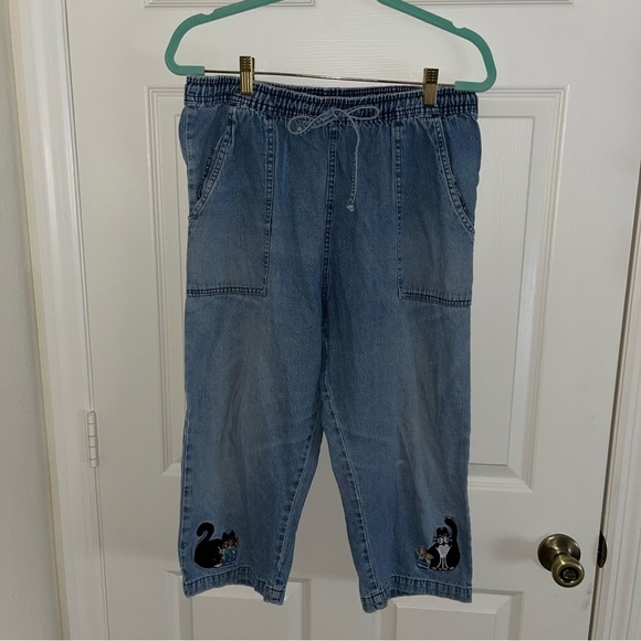 Vintage Cat Embroidered Blue Denim Pants Jeans KT Sport 31” M cropped retro - Picture 2 of 8